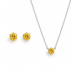 Conjunto Zirconia Citrino Redondo Rodio Colar Brinco