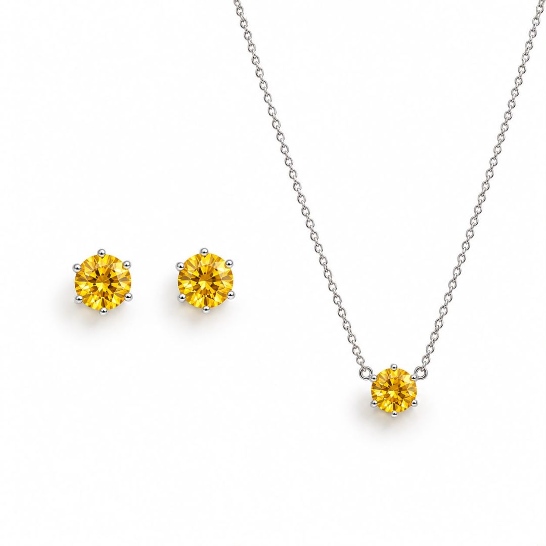Conjunto Zirconia Citrino Redondo Rodio Colar Brinco