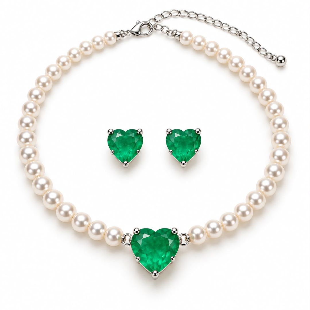 Conjunto Coração Esmeralda Fusion Perola Rodio