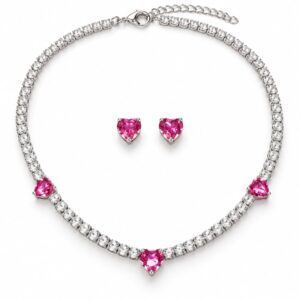 Conjunto Rivieira Coração Zirconia Pink Prata