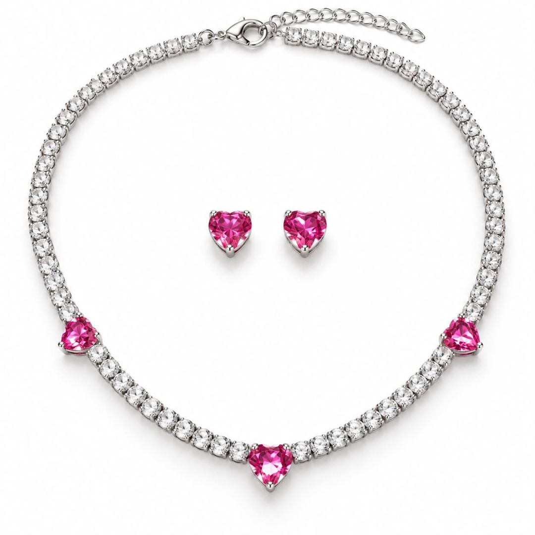 Conjunto Rivieira Coração Zirconia Pink Prata